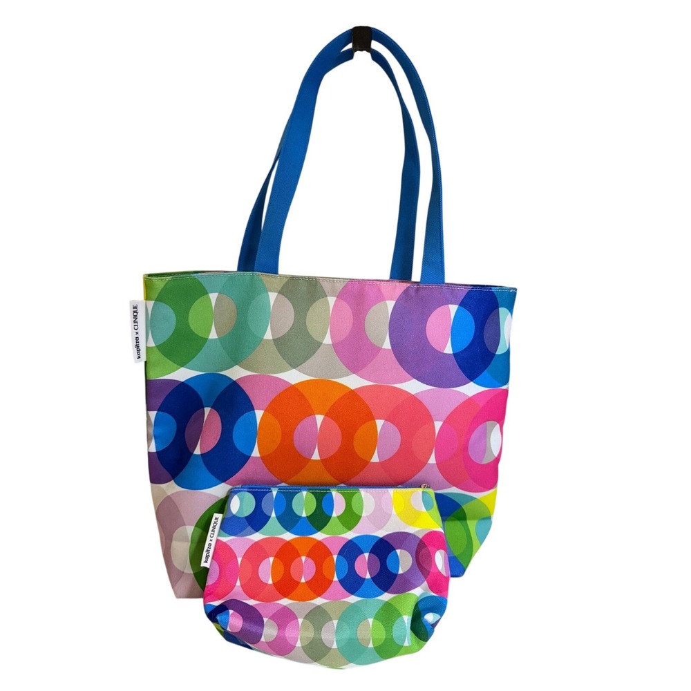 Clinique x Kaplitza Rainbow Geometric Circle Tote Bag and Makeup Pouch Set